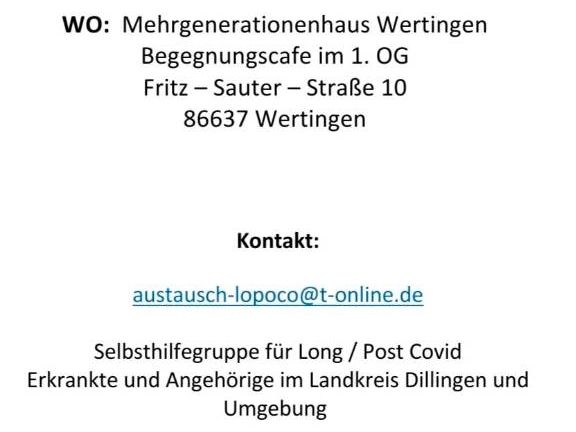 Treffen Selbsthilfegruppe Long/Post Covid DLG am 04.07.24 in Wertingen