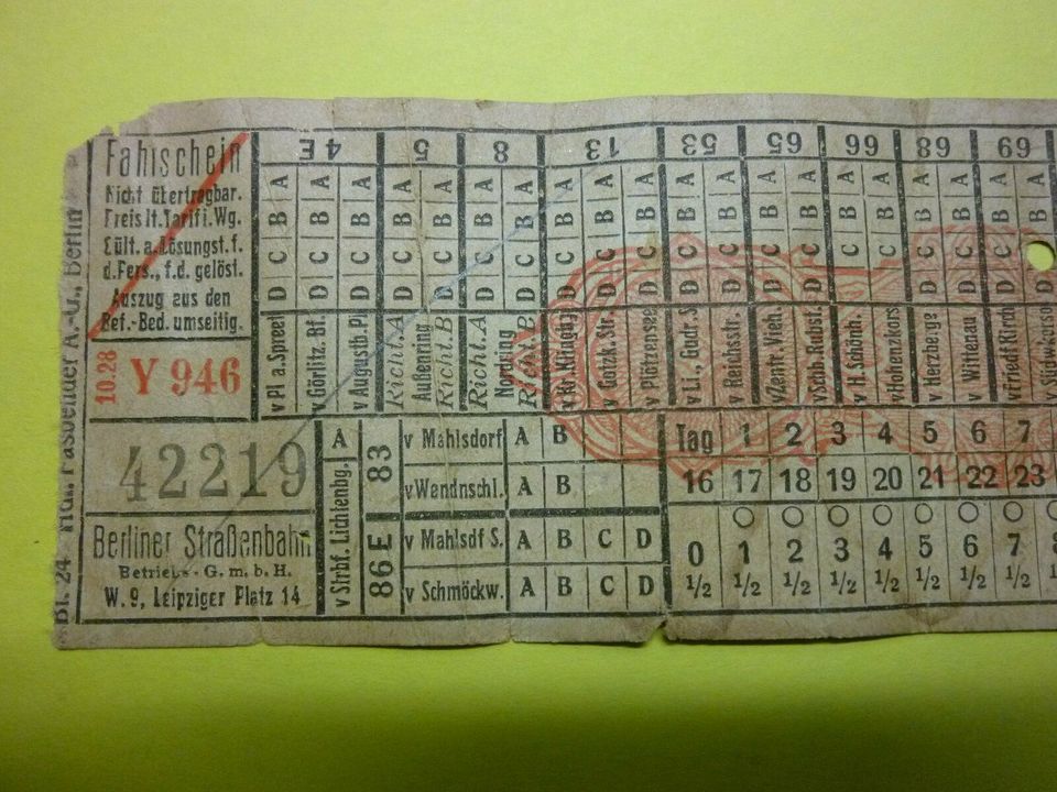 Streifenfahrschein Berliner Staßenbahn 1928 vor Gründung der BVG in Berlin