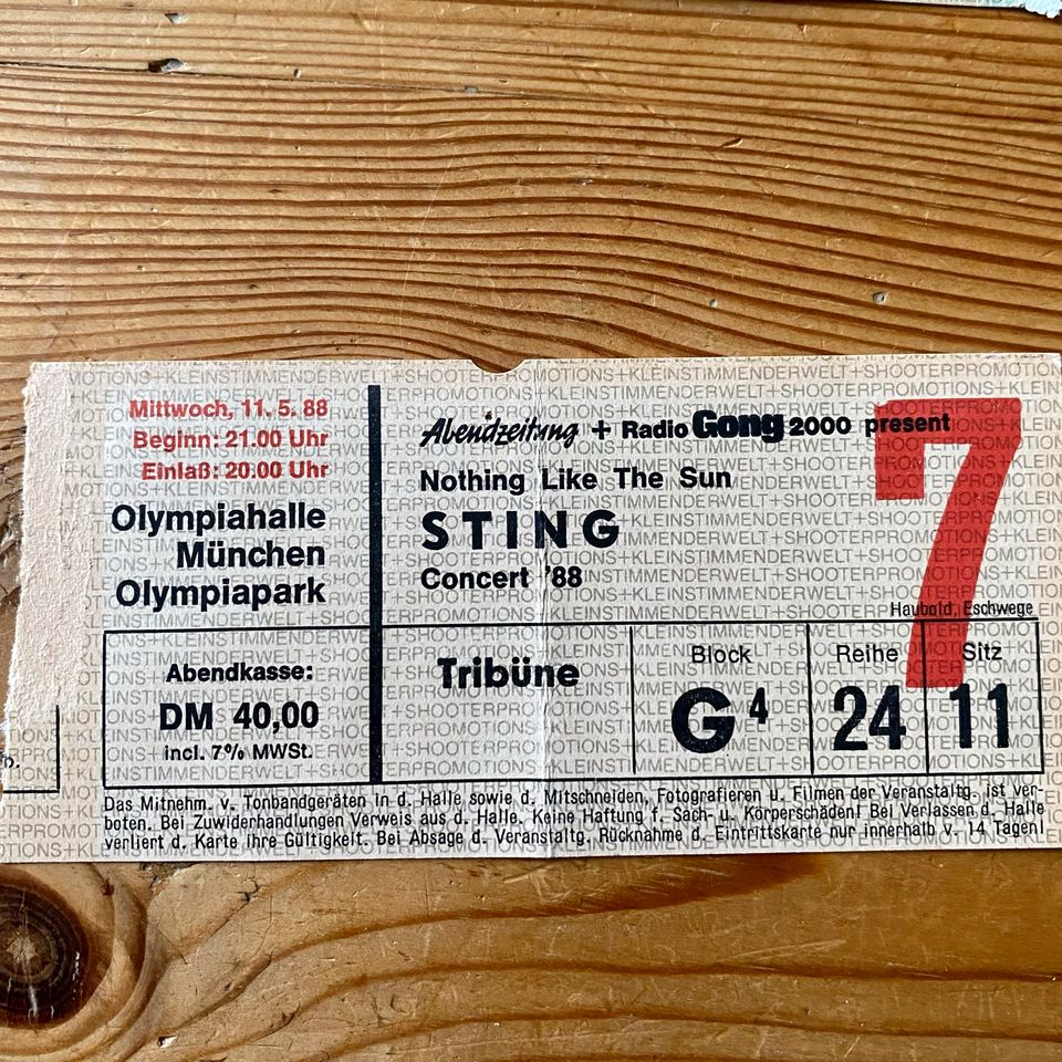 Sammler Ticket historisch STING München 1988 Nothing like the Sun in München