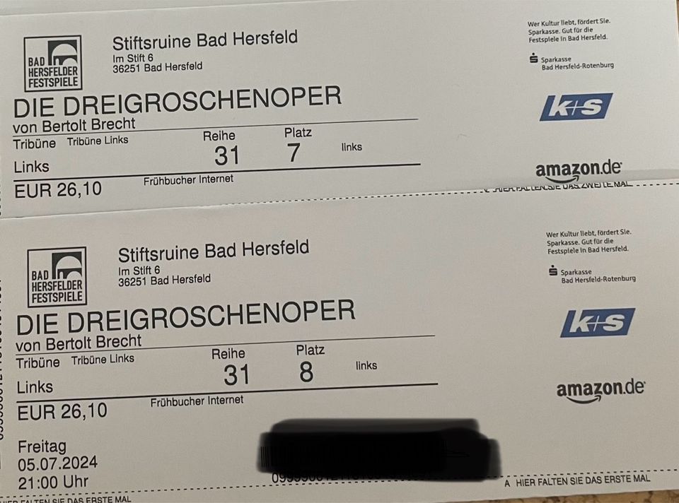 2 Tickets Dreigroschenoper Bad Hersfelder Festspiele 5.7. 2024 in Gudensberg