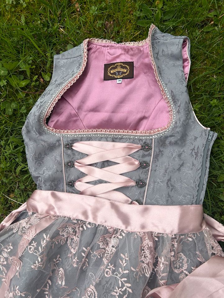 Grau rosa Dirndl 34 36 38 40 42 mit rosé Tüll Schürze Oktoberfest in München