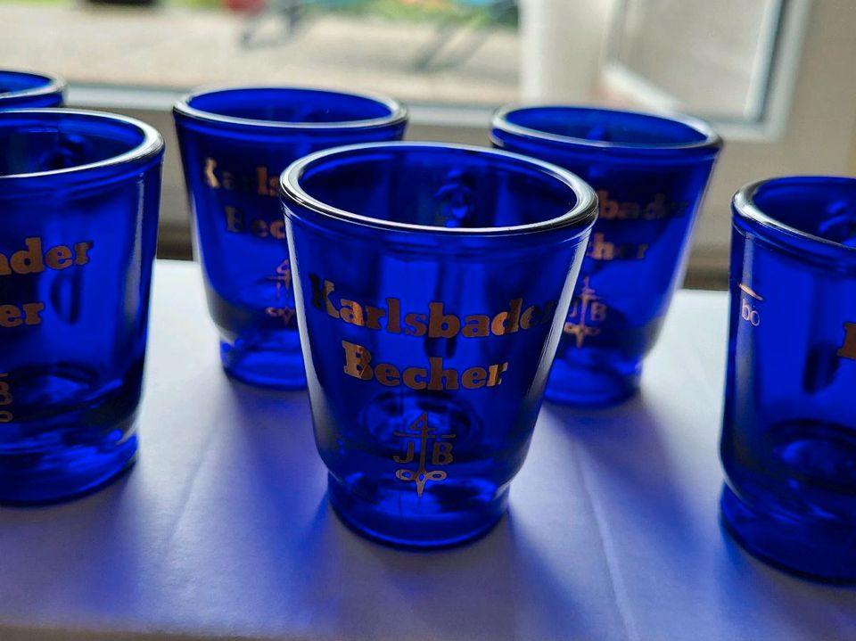 10 Stk. Karlsbader Becher blau Glas Schnapsglas 2cl in Roßdorf