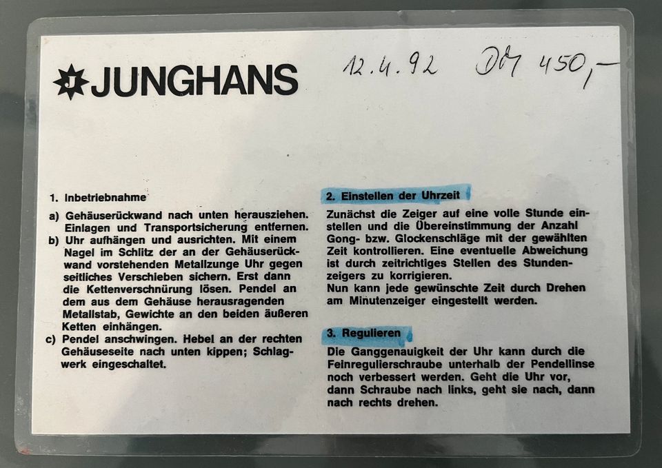 Junghans Wanduhr 1992 in Oberasbach
