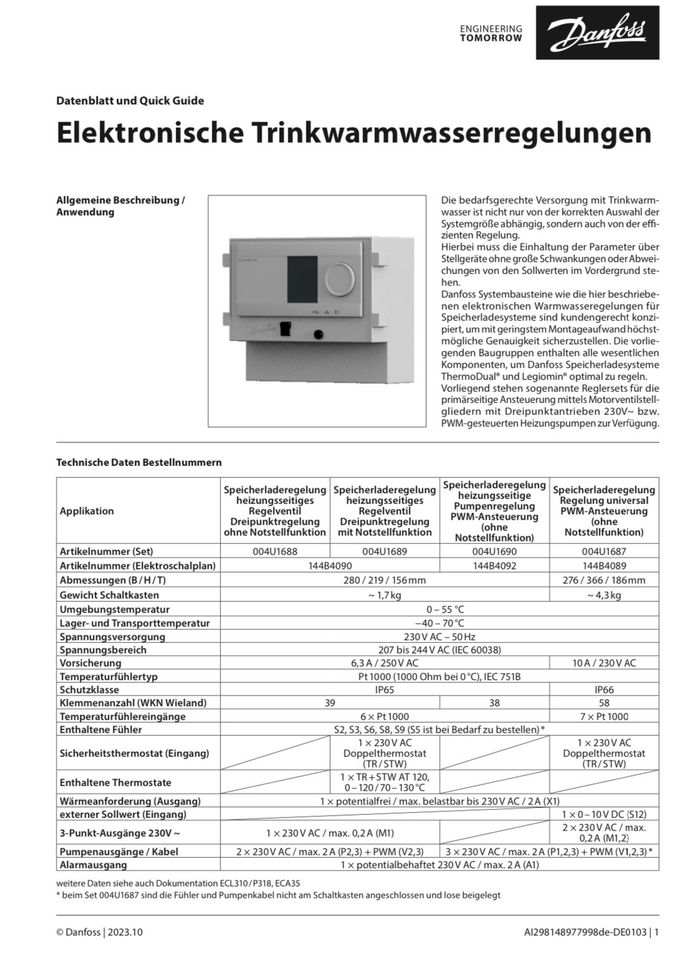 Danfoss elektronische Trinkwasserregelung - ECL Set APPL 318.c/d in Naila