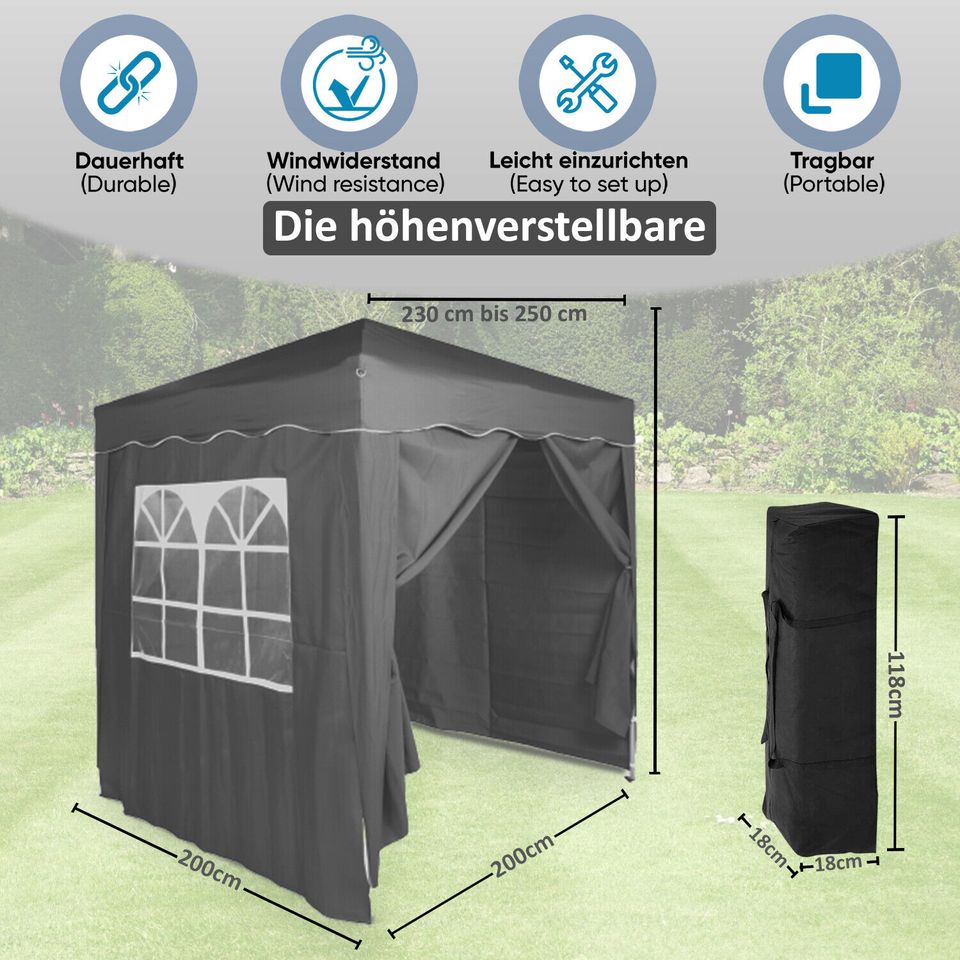 Faltpavillon 2x2 m ink 4 Seitenteile Wasserdicht Partyzelt GRAU in Essen