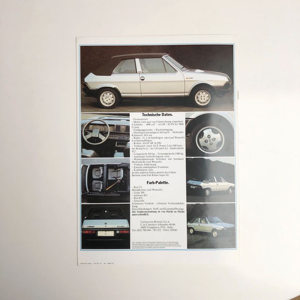 Fiat Ritmo Bertone Cabrio 3/82 Prospekt +tech. Dat.+Ausst.+Farben in Pliezhausen