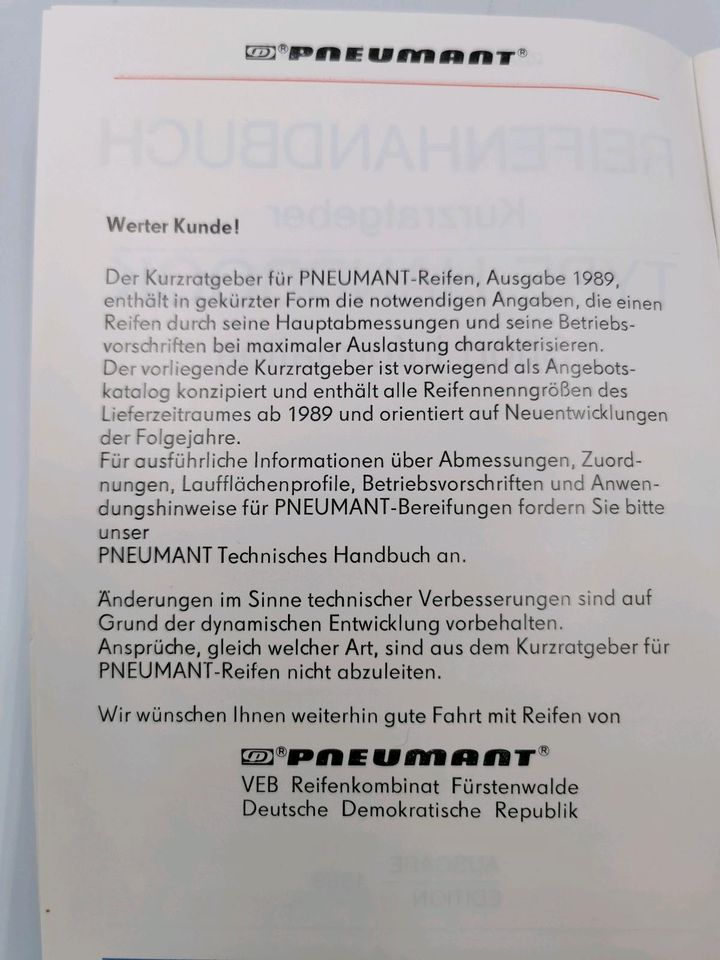 Pneumant Reifenratgeber 1989 VEB Reifenkombinat Fürstenwalde in Gera