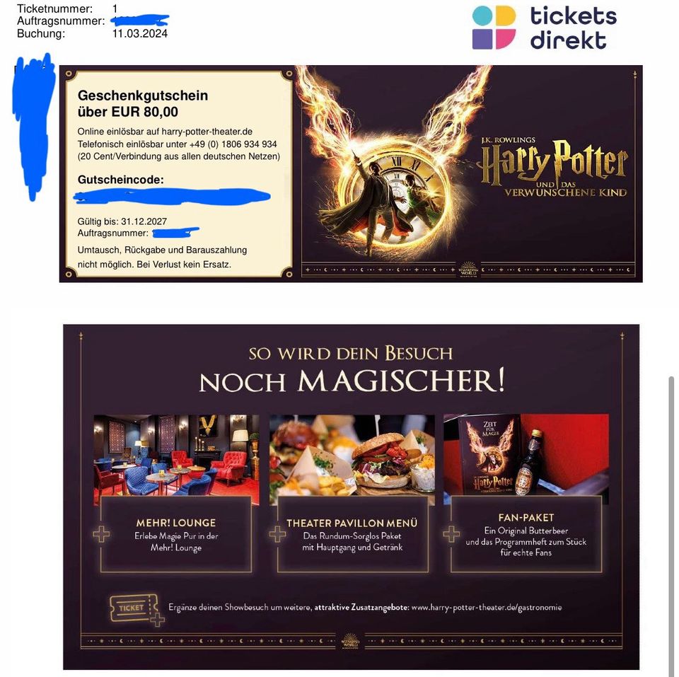 80€ Gutschein Harry Potter und das verwunschene Kind in Zeven