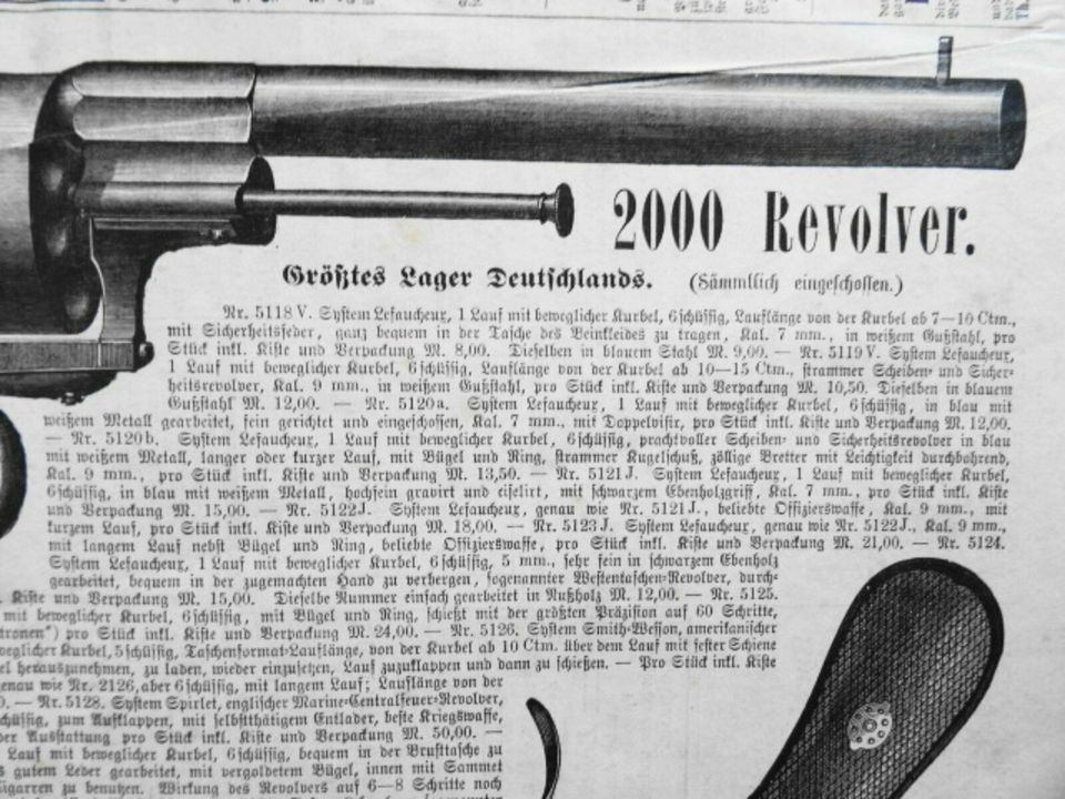 Anzeige, Werbung, Revolver, Colt, Firma Hippolit Mehles, von 1877 in Königsbach-Stein 