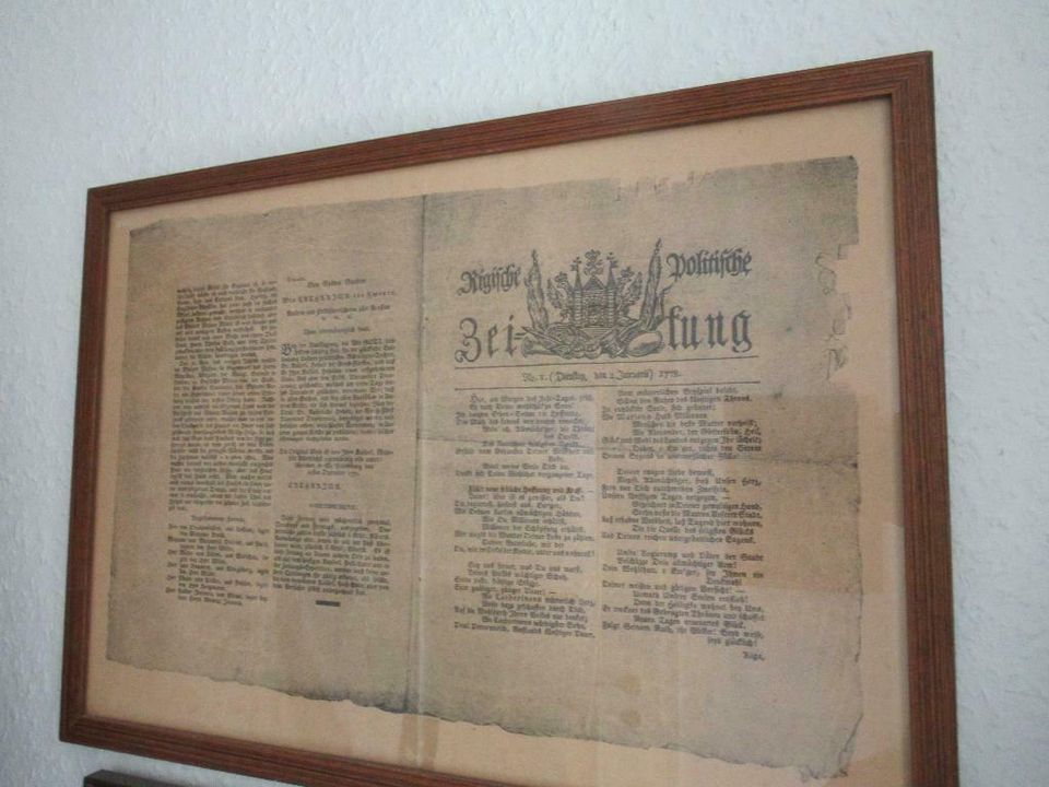 Nachdruck "Rigische Politische Zeitung" v. 2.Jan.1778 gerahmt in Osterby 