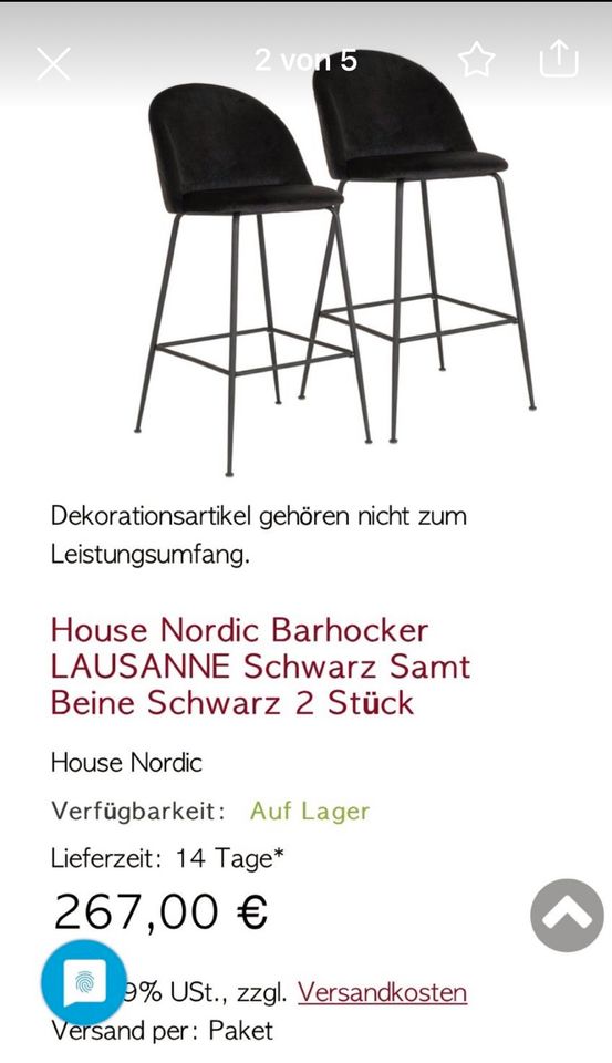 2 Barhocker / Stühle in Velours schwarz in Mainz