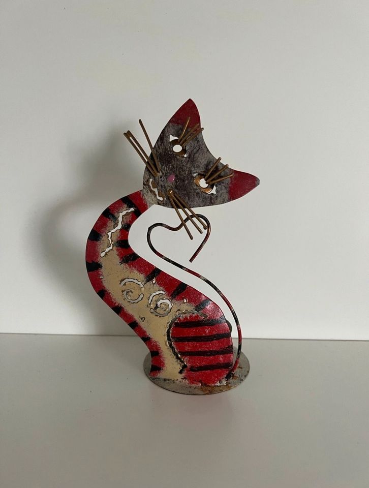 Kerzenständer Katze rot silber beige / Teelichthalter Dekofigur in Hanau