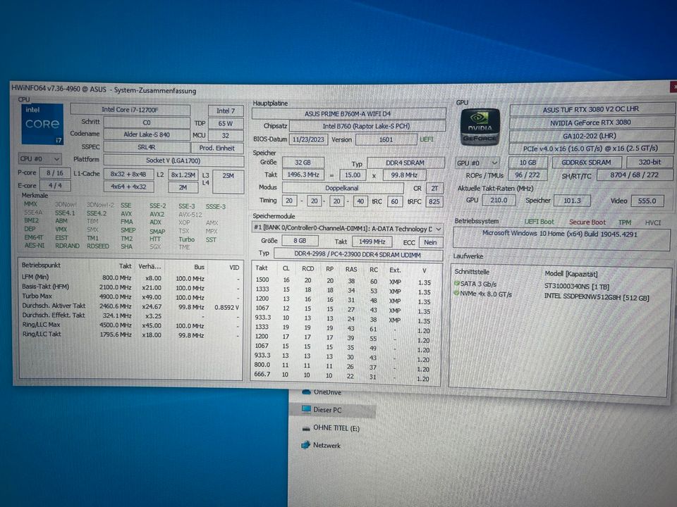 High End Gaming PC RTX 3080, i7 12700, 32GB 3000MHz, SSD, 1TB HDD in Bochum