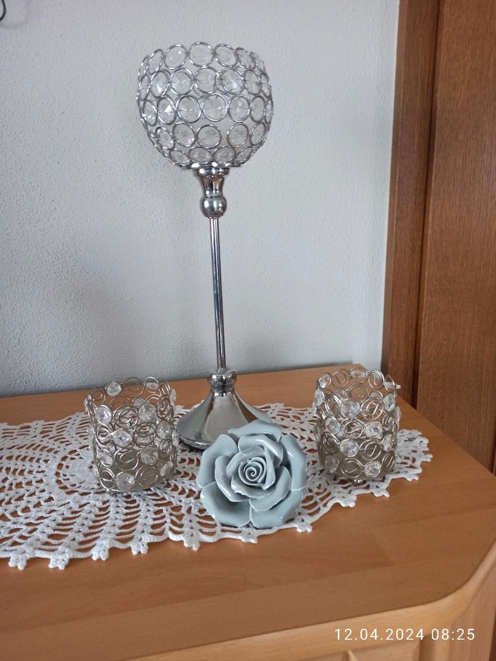 Kerzenhalter 3 Stück Silber und Porzellan Rose neu in Waldthurn