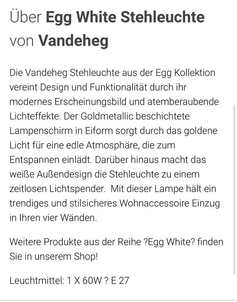 Egg White Stehleuchte von Vandeheg in Hamburg