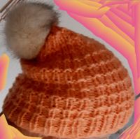Damen Mütze  selbst gestrickt  mit Bommel, orange/lachsfarben NEU Bayern - Harburg (Schwaben) Vorschau