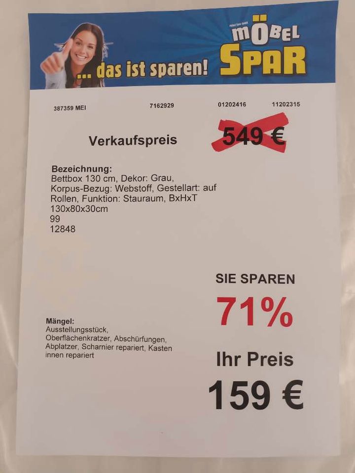 Bettbox, grau, Webstoff, auf Rollen, statt 549€ in Meißen