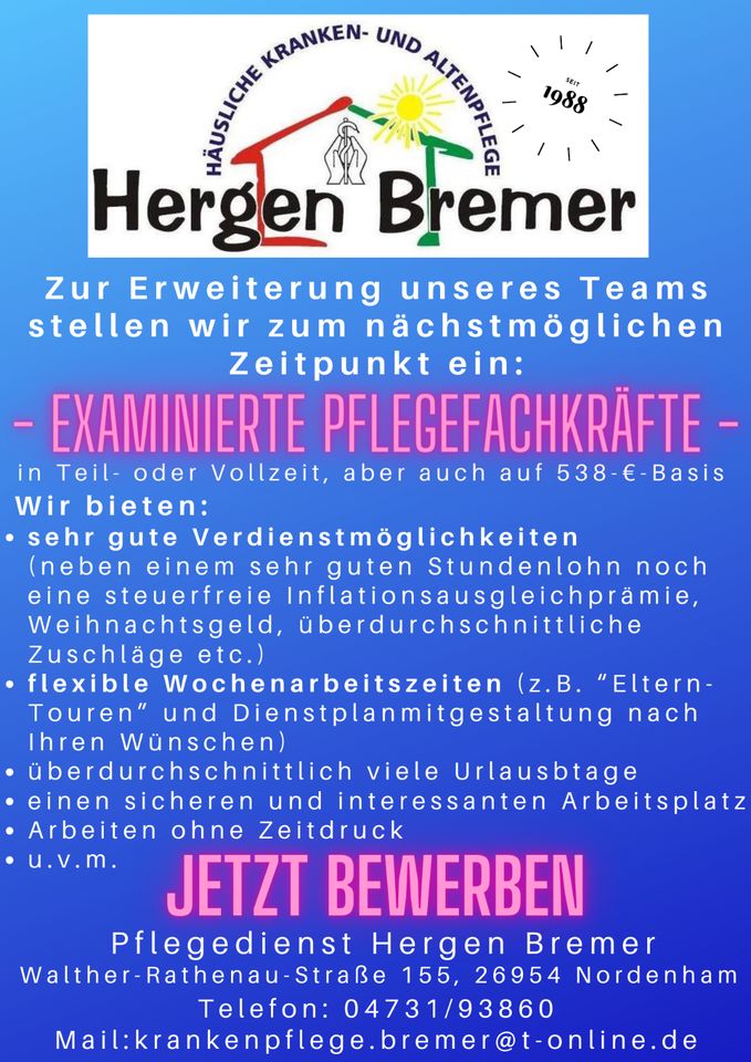 Zur Erweiterung unseres Teams suchen wir Pflegefachkräfte in Butjadingen