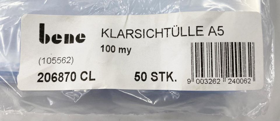 100 50er Packungen Bene Klarsichthüllen A5 transparent 0,10 mm, Kleinhandel Restposten in Tanna