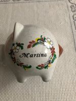 Sparschwein; grau mit Namen „Martina“ in Blumenkranz; Keramik Bayern - Buxheim Vorschau