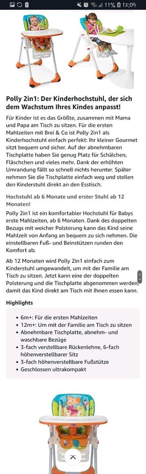 Hochstuhl Chico Polly 2 in 1 Sunny Kinder Baby verstellbar in Bad Emstal