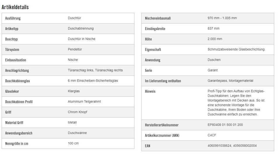 Pendeltür in Nische Schulte Garant Breite 100 cm Klarglas 6482843 in Binzen