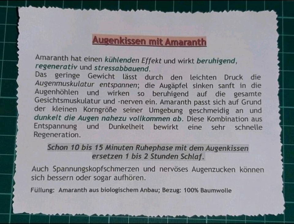 Augenkissen Augenmaske mit Amaranth mit u. ohne Text* Handarbeit in Glan-Münchweiler