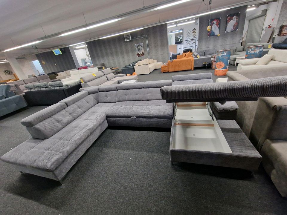 Sofa XXL- Wohnlandschaft U-Form Cord grau mit Schlaffunktion und Bettkasten Möbel Wurm in Osnabrück