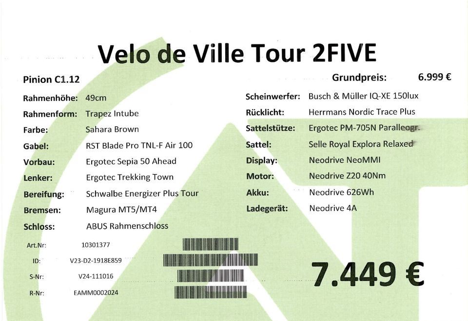Velo de Ville Tour 2FIVE Trapez Neodrive Pinion 625Wh Gates in Essen