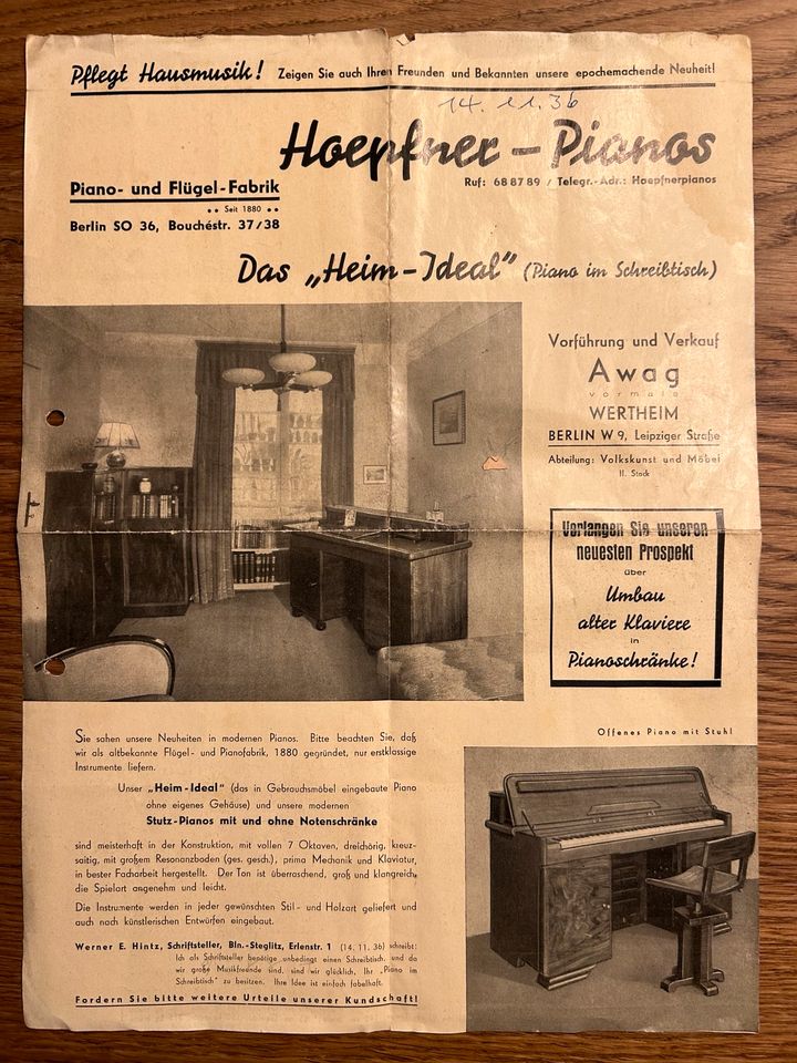 Hoepfner Schreibtisch-Klavier in Berlin