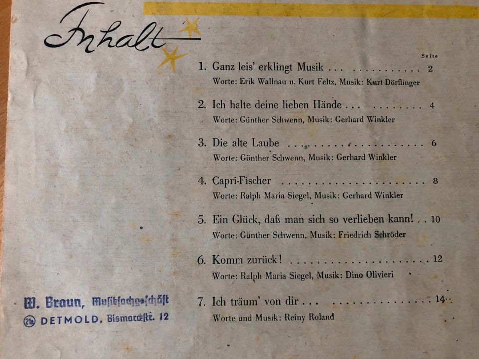 Klaviernoten + Text Rudi Schuricke Ganz leis' erklingt Musik 1947 in Detmold