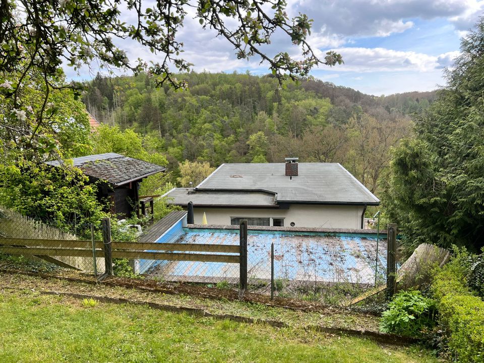 Einfamilienhaus mit Pultdach, Terrasse, Schwimmbad und Sauna unverbauter Blick in Aarbergen