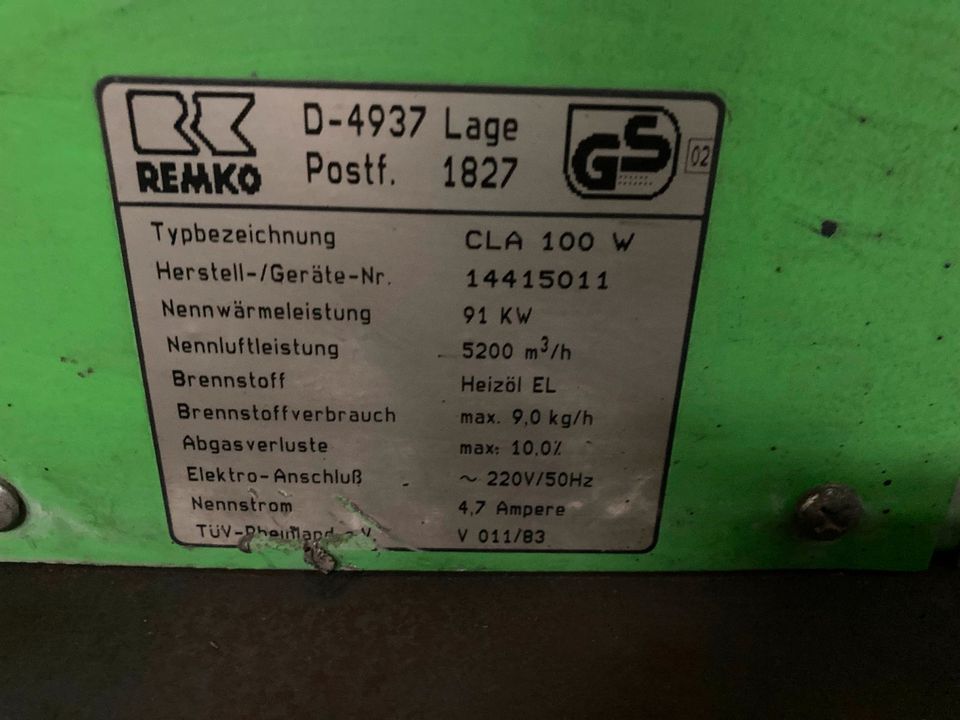 Remko Hallenheizung CLA 100 MAN Gas/Ölbrenner in Chorin