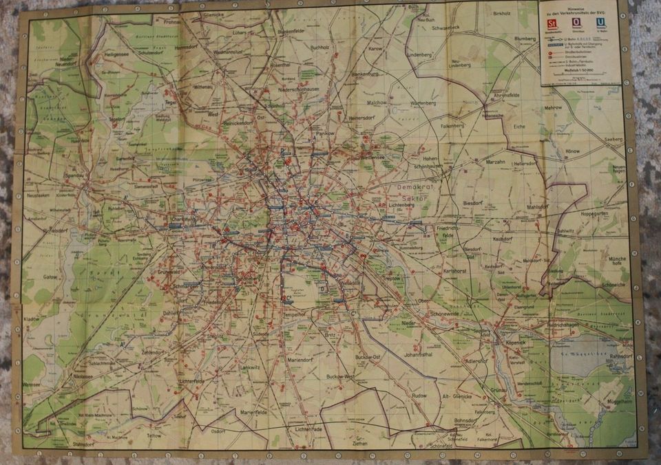 Liniennetz Karte BVG Berlin - 1951 - Fahrpreise und Werbung in Grünheide (Mark)