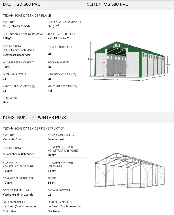 Lagerzelt Winter Plus SD/MS 5X10X2,5 Garage Industriezelt in Görlitz