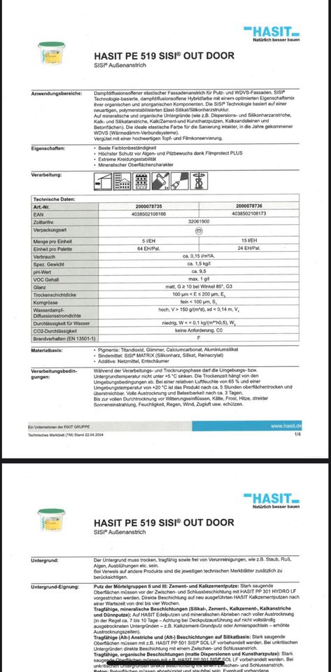 Fassadenfarbe/Hausfarbe Hasit Silikat PE519 für ca. 150m2 in Nittenau