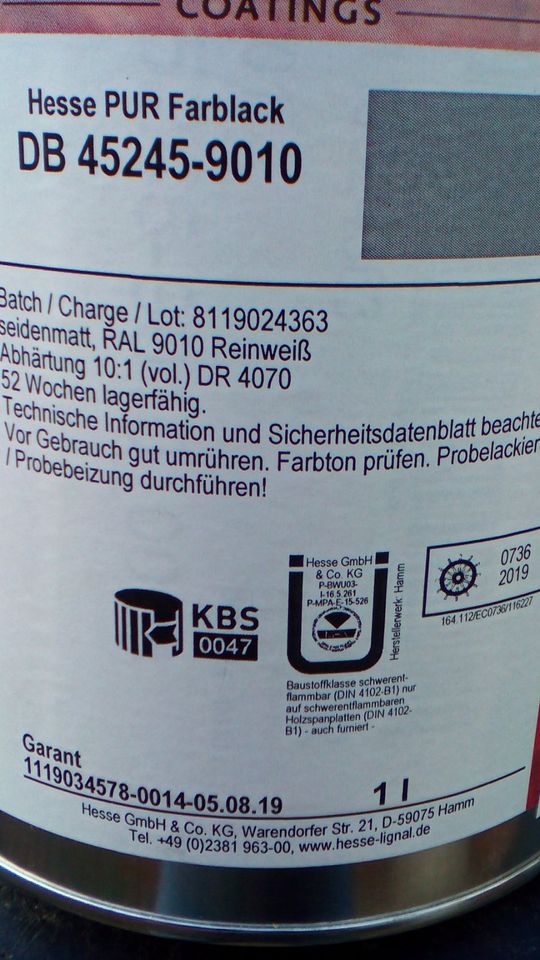 1 Liter Hesse PUR Farblack  Reinweiss + 1 Liter Unipur-Härter NEU in Nußloch