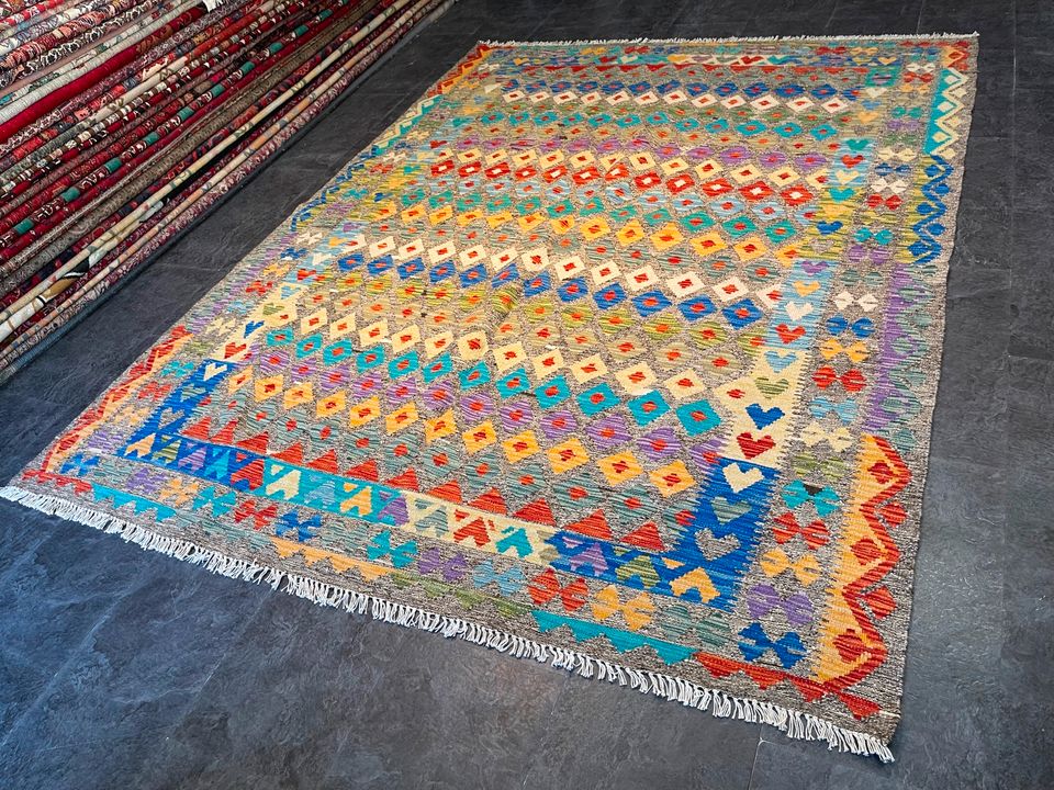 Afghan Kelim 250x196 Kilim Teppich grau orange carpet rug geo in Berlin