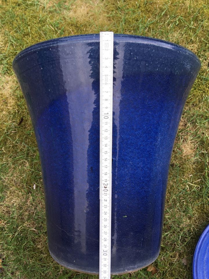 Großer Blumenkübel Kübel Pflanzkübel + Untersetzer Blau glasiert in