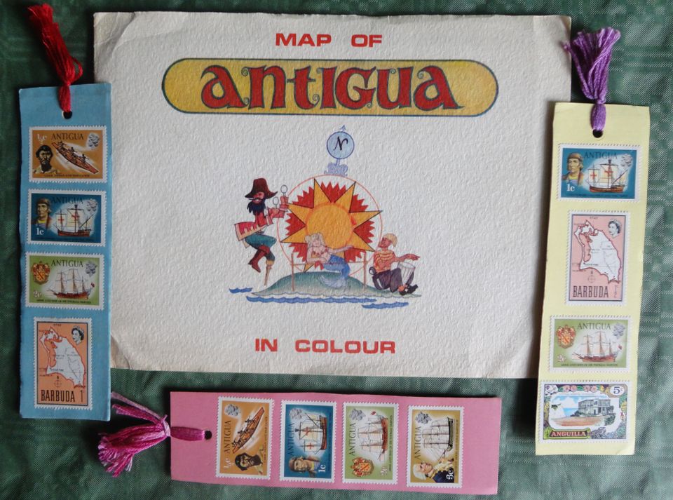 Antigua Map, alte Landkarte der Karibik Insel und 12 Briefmarken in Duisburg