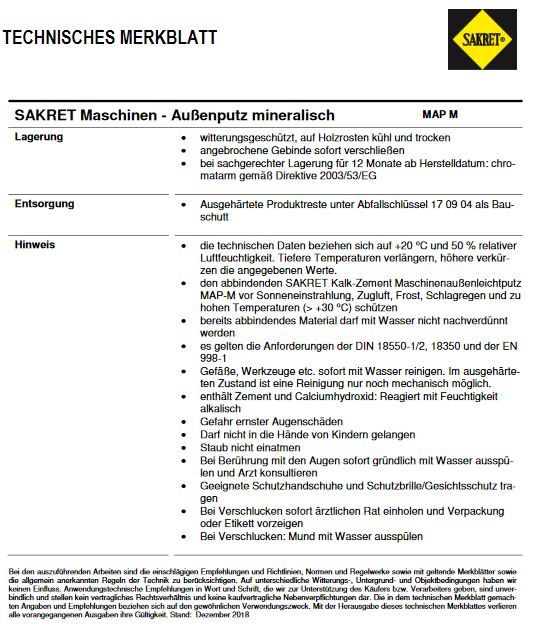 Kalk-Zement-Maschinenputz SAKRET Map+MapL+MapSL+MAP-M+MAP-FL in Nünchritz