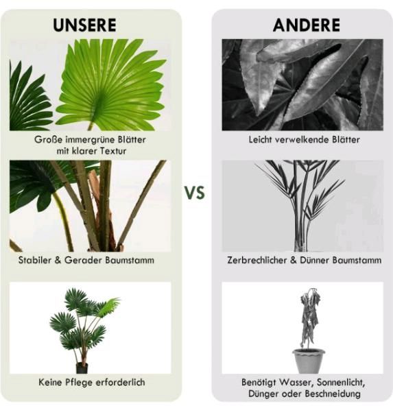 Künstliche Fächerpalme mit Zementtopf 120cm mit großen Blättern in Taura