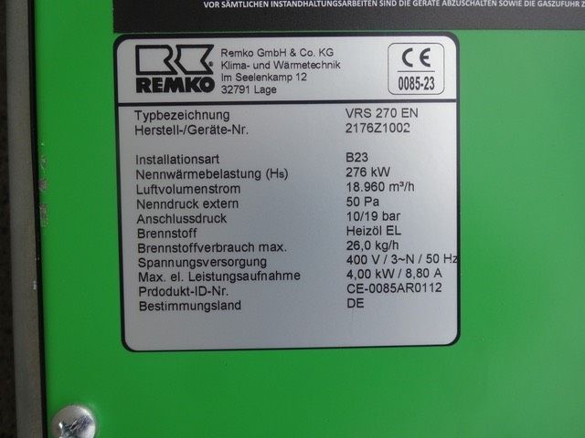 Remko VRS 270 EN Stehend 50 Pa Warmlufterzeuger Heizsystem 379270 in Zella-Mehlis