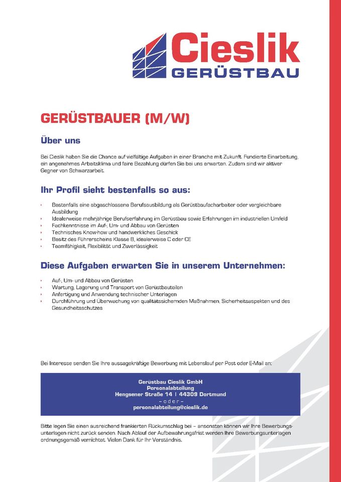 Gerüstbauer (m/w/d) gesucht - nähe Recklinghausen in Recklinghausen