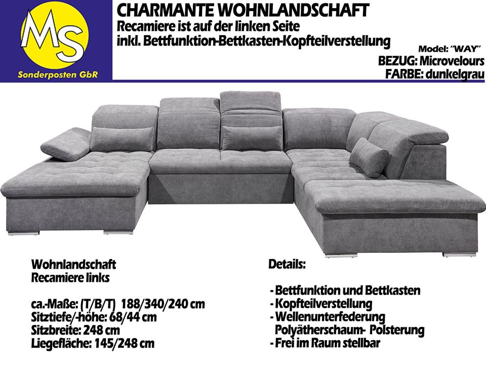 Sofa Couch Wohnlandschaft U Form Bettfunktion-Bettkasten grau in Mettingen