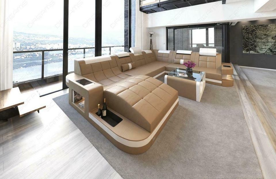 Wohnlandschaft Wave XXL Ledercouch mit moderner Relax Ottomane in Berlin