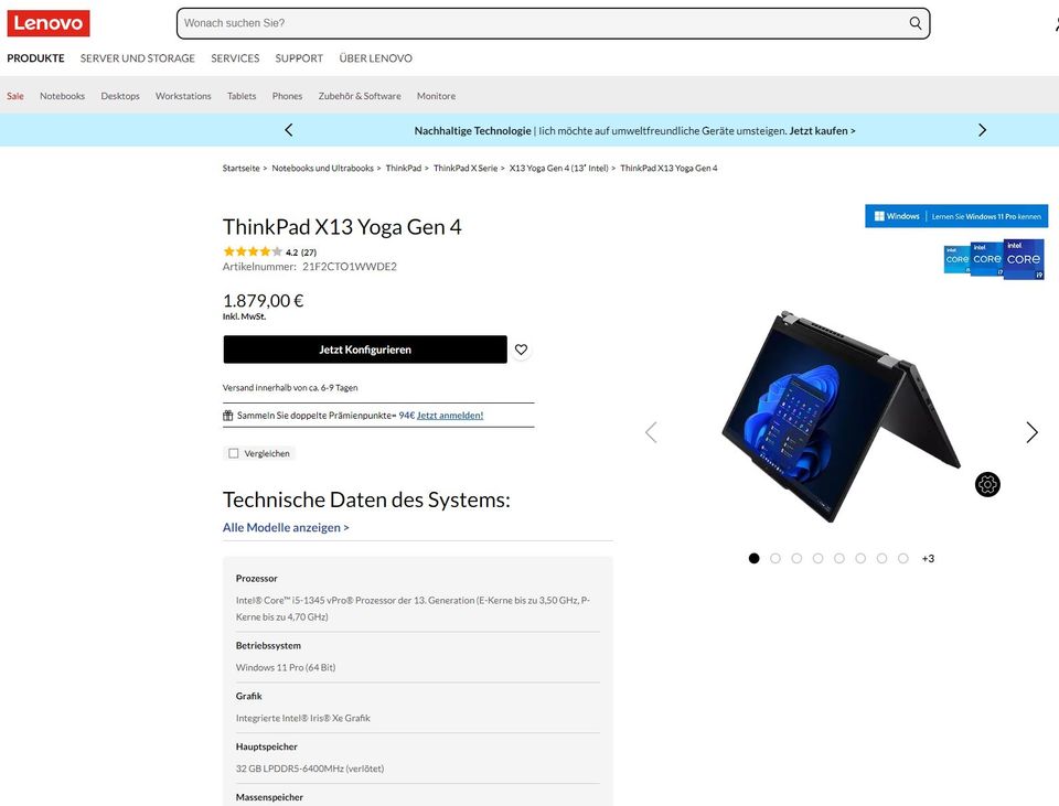 Lenovo ThinkPad X13 Yoga Gen4(i5/32GB/512GB/Garantie Mar-2027) in Kranenburg
