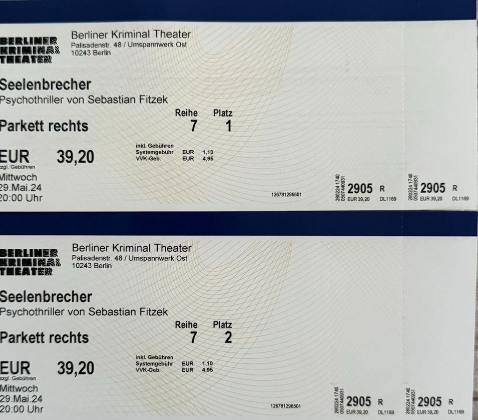 2 Eintrittskarten für den Seelenbrecher Berliner Kriminal Theater in Geldersheim