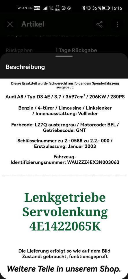 Audi a8 4e lenkgetriebe in Lübeck