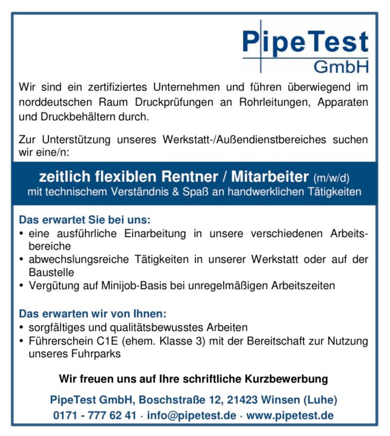 zeitlich flexibler Rentner / Mitarbeiter (m/w/d) gesucht in Stelle